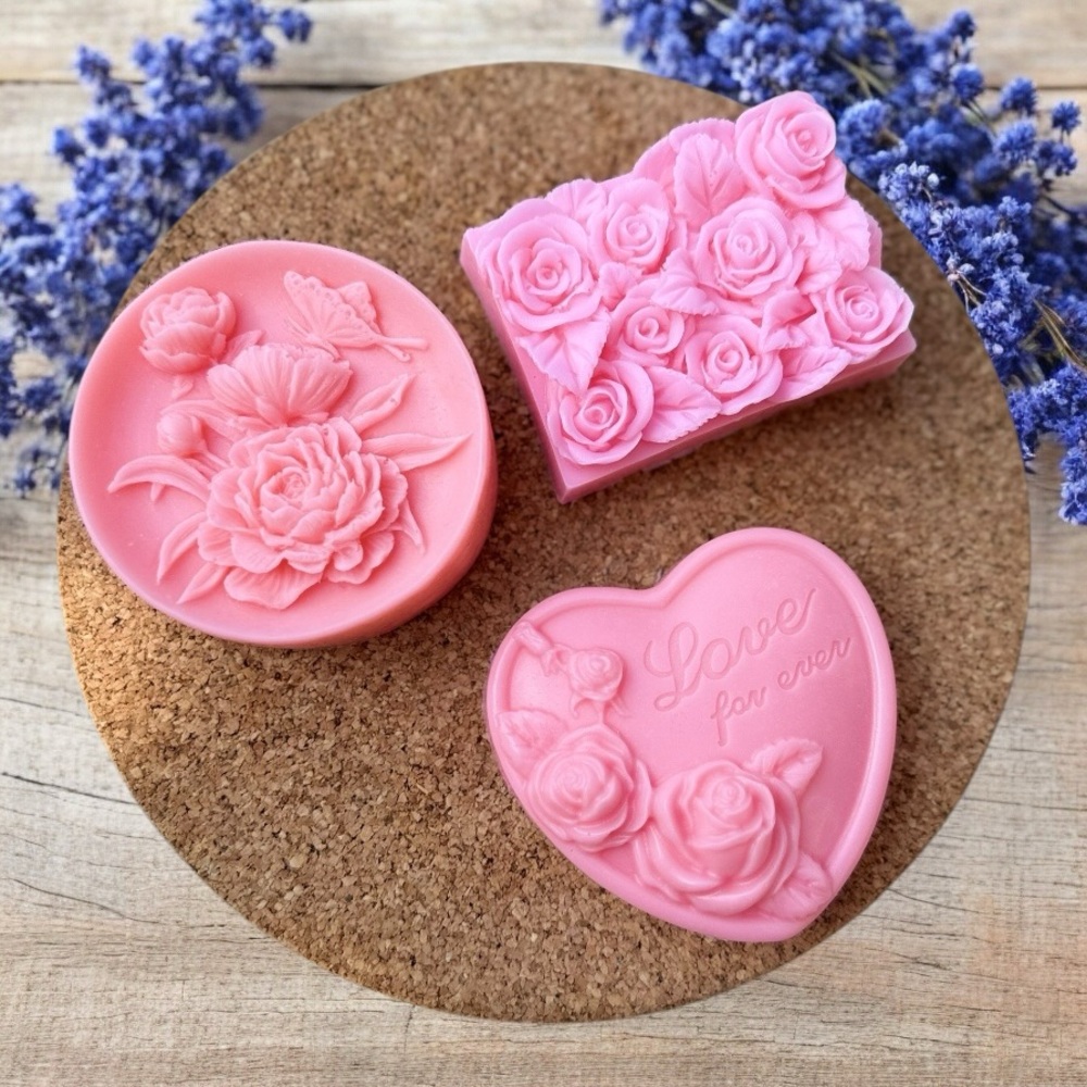 Pink Heart and Rose Luxury Bath Soap Set of 3